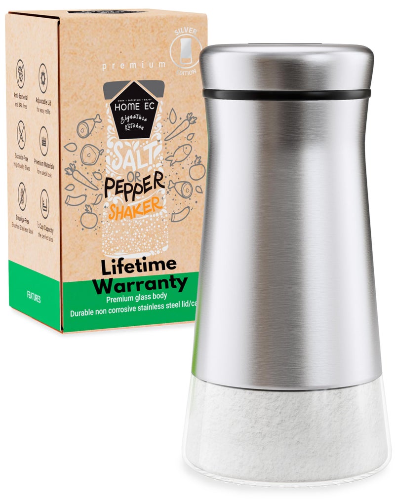 HOME EC Original Glass Salt shaker or Pepper Shaker with Adjustable Pour Holes - Stainless Steel Encased - For salts  ground peppercorns and spices - Great For Farmhouse or RV Camping - Image 1